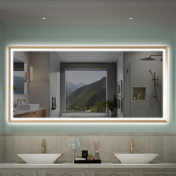 84 in. W x 40 in. H Rectangular Framed Wall LED Bathroom Vanity Mirror in Brushed Gold, Dimmable, Backlit and Frontlit