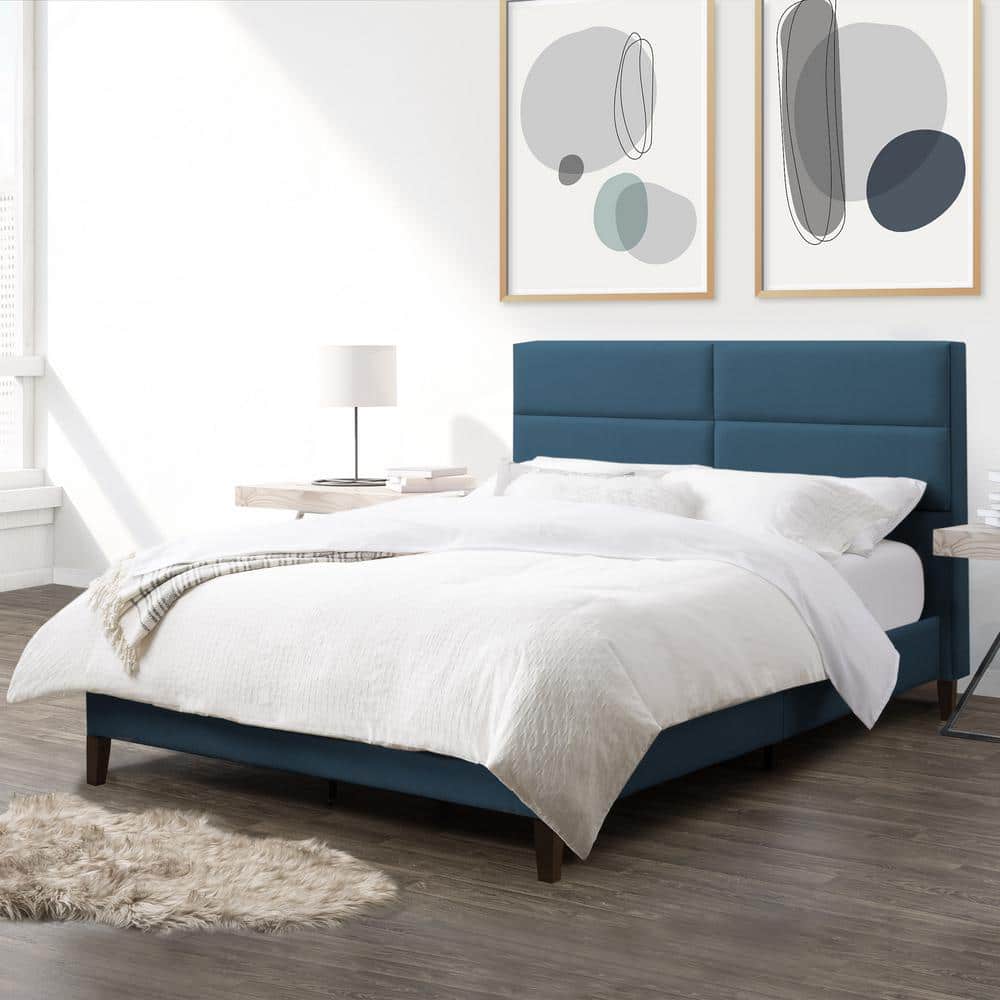 Ocean Blue Upholstered Full Bed with Tufted Headboard