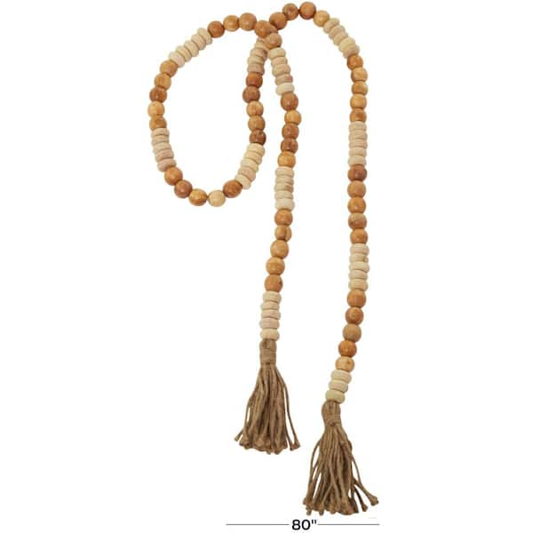 Litton Lane Brown Handmade Mango Wood Round Long Carved Beaded Garland with Tassel, Natural Brown