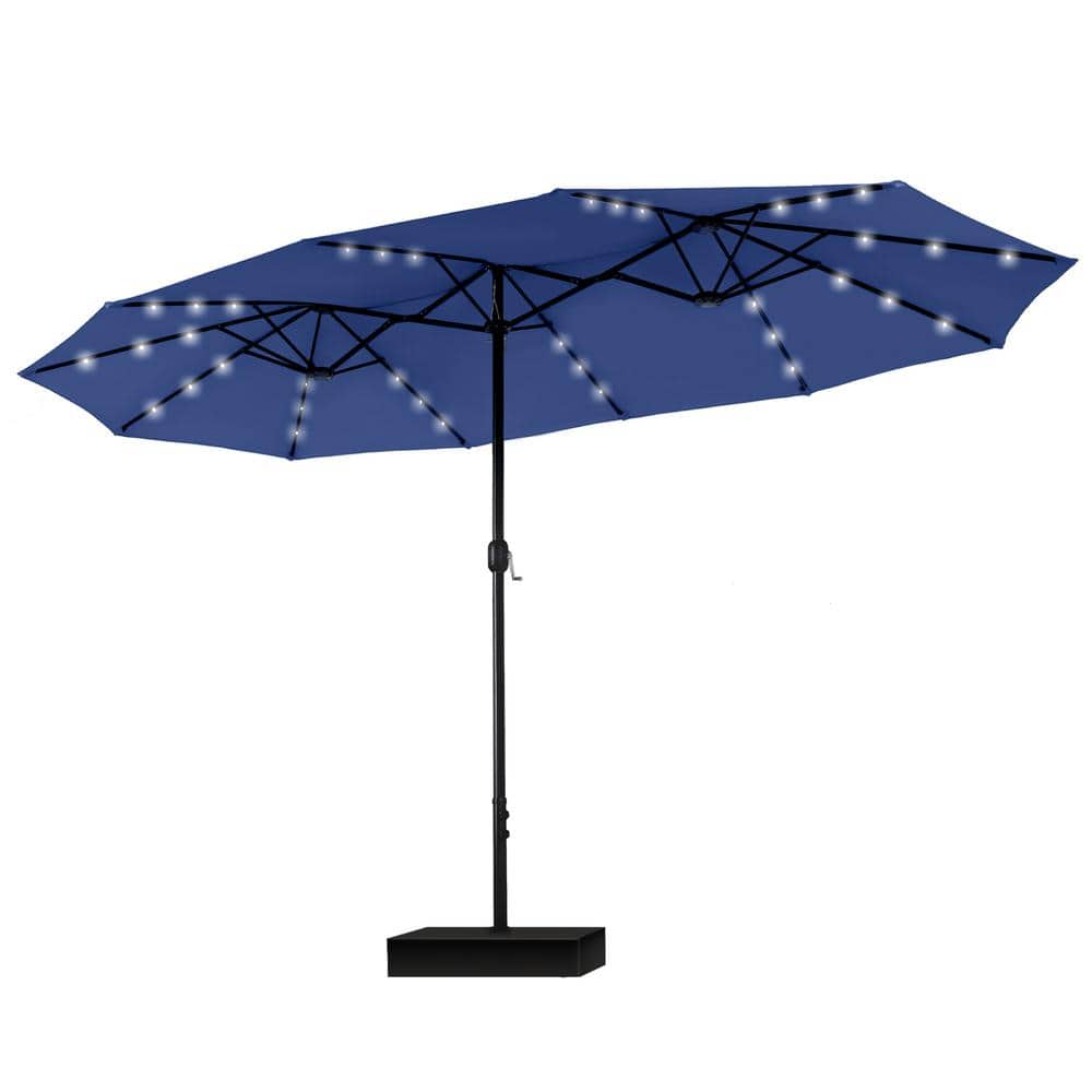 PHI VILLA 15 ft. Market Patio Umbrella With Lights Base and Sandbags in Haze Blue THDE02GM018