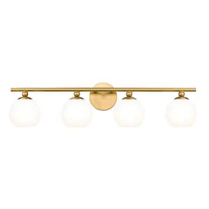 Neoma 30 in. 4 Light Modern Gold Vanity Light with Opal Etched Glass Shade with No Bulbs Included