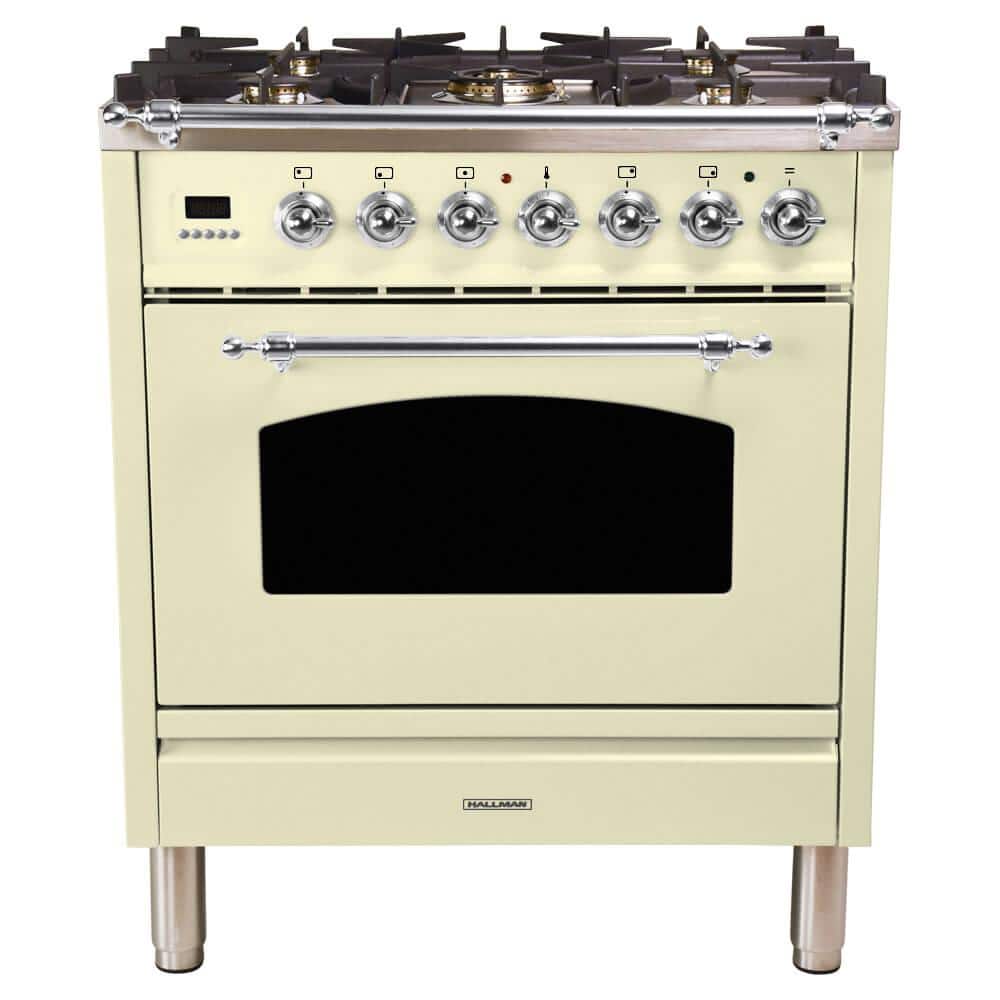 Hallman 30 in 3.0 cu. ft. Single Oven Dual Fuel Italian Range with True Convection, 5 Burners, Chrome Trim in Antique White