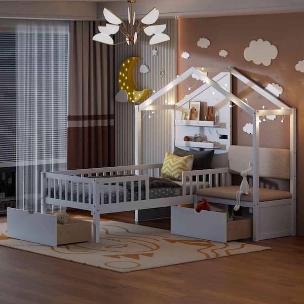 White Wood Frame Twin Size Platform Bed with Upholstered Sofa, Charging Station,Wireless Charging, Shelves and 2 Drawers