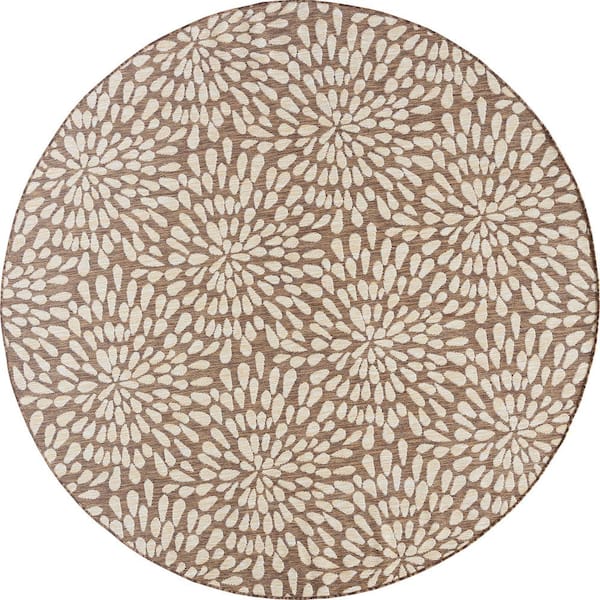 Eco Floral Brown 6 ft. Round Indoor/Outdoor Area Rug