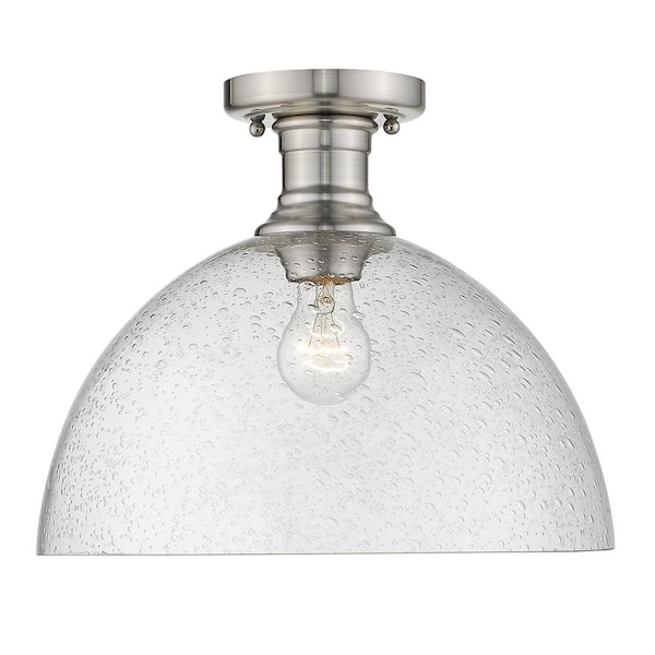 Golden Lighting Hines 14 in. 1-Light Pewter with Seeded Glass Semi-Flush Mount