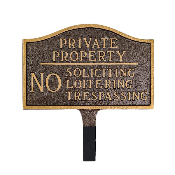 Private Property, No Soliciting, No Loitering Standard Statement Plaque with Lawn Stakes - Hammered Bronze