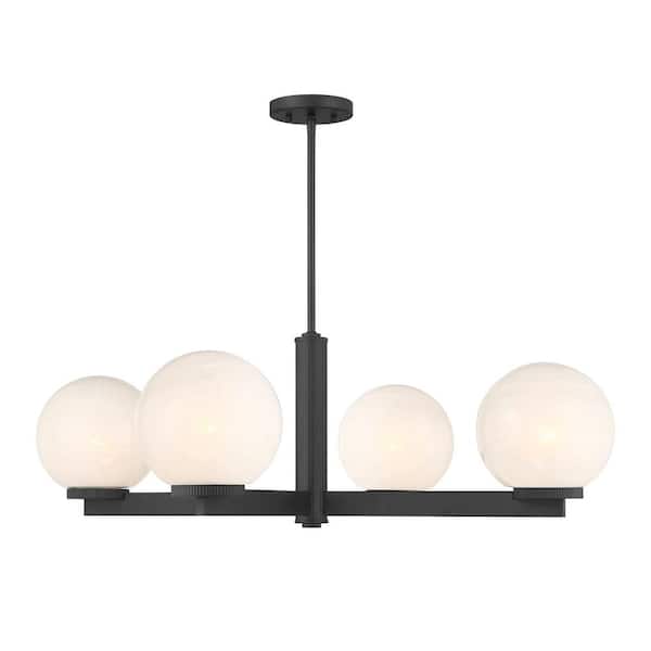 38 in. W x 12 in. H 4-Light Matte Black Modern Chandelier with White Strie Glass Shades