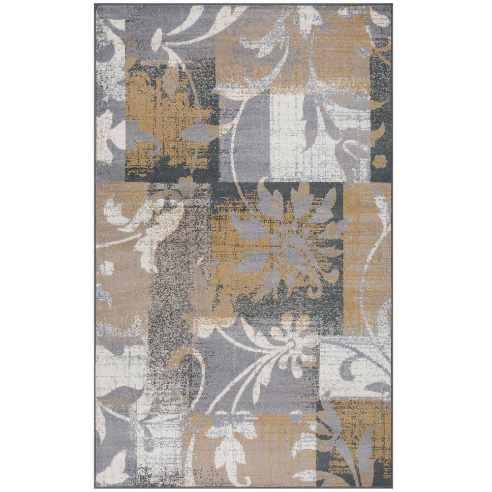 Elegant Camel Floral Patchwork Synthetic Area Rug, 5' x 8'