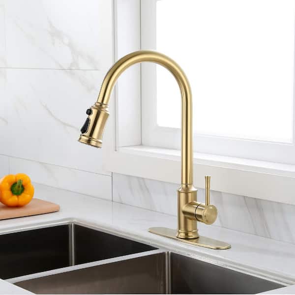 Unbranded Single Handle Deckplate Mount Pull Down Sprayer Kitchen Faucet with Handles in Brushed Gold