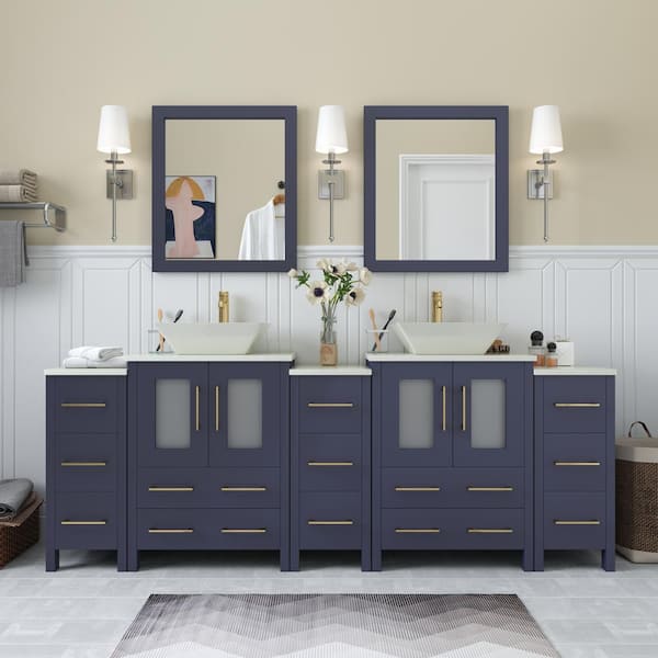 Vanity Art Ravenna 84 in. W Double Basin Bathroom Vanity in Blue with White Engineered Marble Top and Mirror