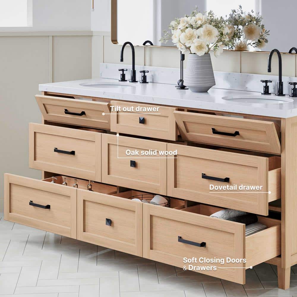 Monroe 72" Oak Double Sink Vanity with Carrara Quartz Top