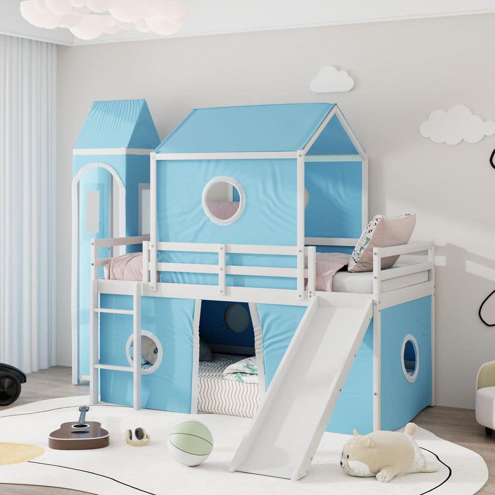 Blue Twin Size Wood Loft Bed with Slide, Tent, Tower and Ladder