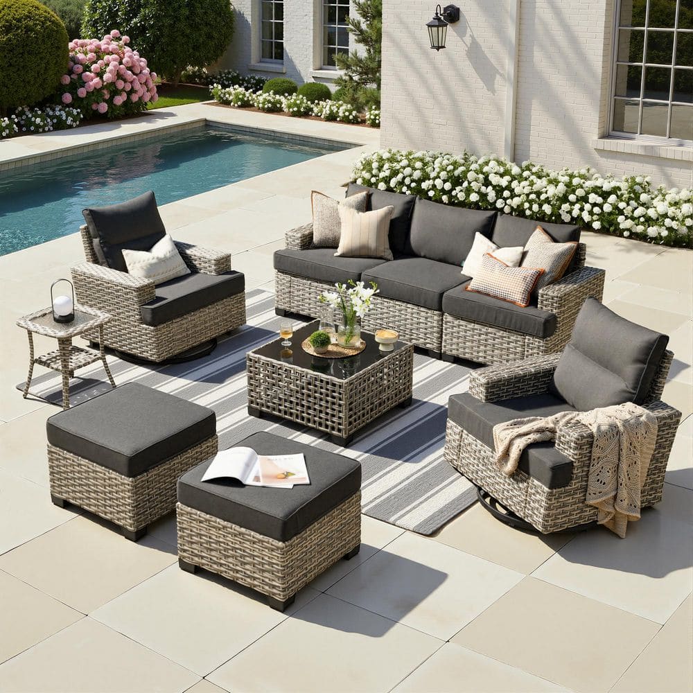 Merritt 9-Piece Wicker Outdoor Furniture Patio Conversation Sofa Set with Swivel Chairs, Tables and Black Cushions price history on PriceWatchPro