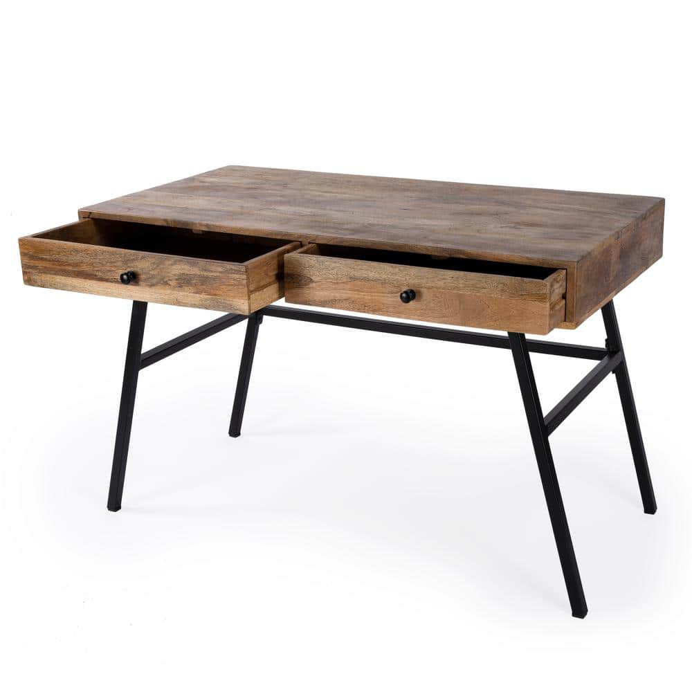 Modern Industrial Black Iron and Mango Wood Desk with Drawers