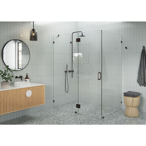 Glass Warehouse 60 in. W x 43 in. D x 78 in. H Pivot Frameless Corner Shower Enclosure in Oil Rubbed Bronze Finish with Clear Glass