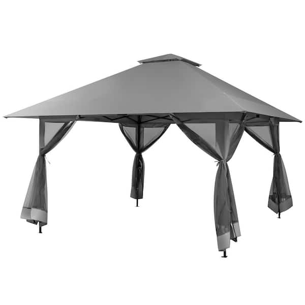 Gymax Outdoor Patio 13 ft. x 13 ft. Pop Up Canopy Tent UV50+ Adjust Sun Protection w/Mesh Sidewall Grey