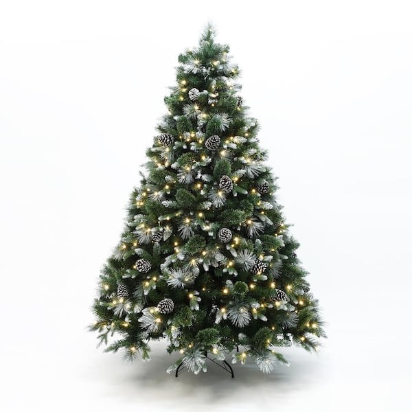 7 ft. PreLit Green and White Pine Artificial Christmas Tree with Pinecones and Metal Stand Holiday Decor