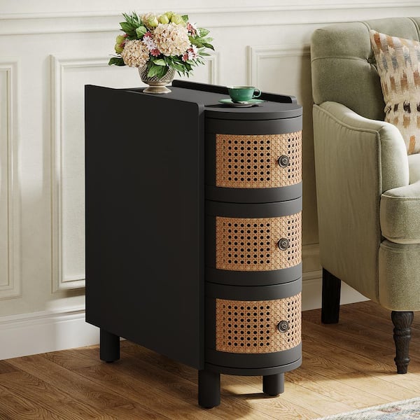BYBLIGHT Kerlin 10.62 in. Black and Oak U-Shaped Solid Wood End Table, Side Table with 3 Rattan Drawer for Home Office