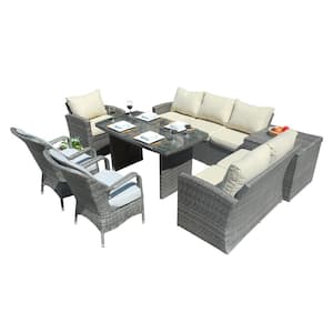 Jessica 7-Piece Wicker Patio Conversation Set with Beige and Gray Cushions
