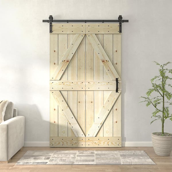 COAST SEQUOIA INC Coast Sequoia 36 in. x 80 in. Embossing Unfinished Solid Pine Wood Bi-Fold Barn Door with Sliding Hardware Kit