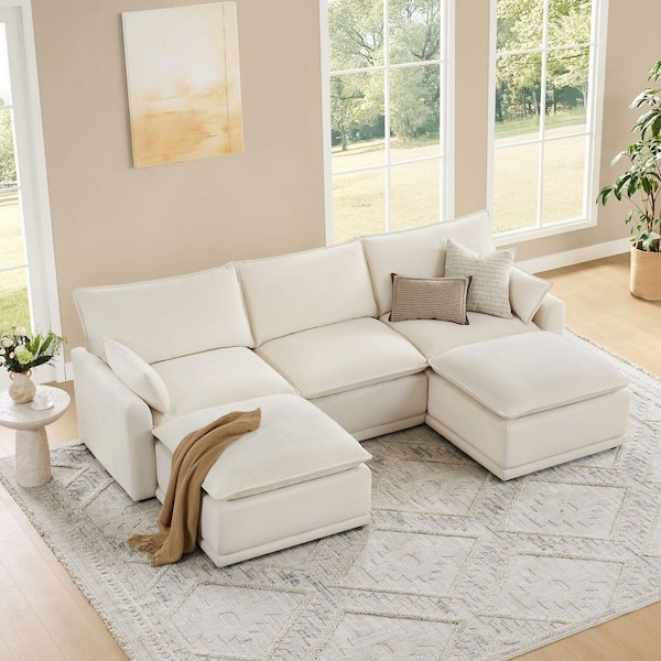 Kian 112.6 in.Square Arm Fabric Oversized 3-seat Modular Sofa with 2 Ottomans,High Back and Solid Wood Leg in Cream/5PCU