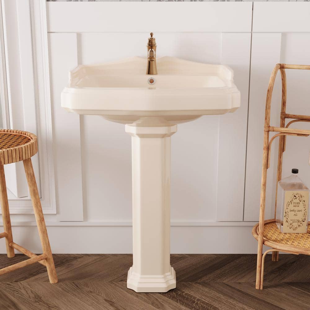 Bone Ceramic Rectangular Pedestal Bathroom Sink with Single Faucet Hole