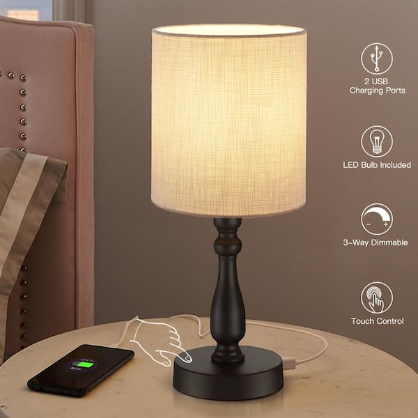 16 .5 in. Black Touch Control 3-Way Table Lamp with 2-USB Ports, 6-Watt LED Bulb Included