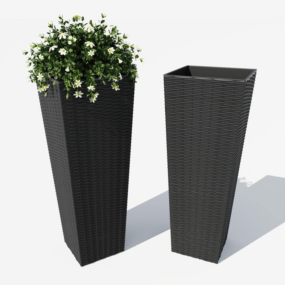 All-Weather Black Rattan Planter Set of 2 Tall Outdoor Plant Pots, Removable Liners, Drainage Holes,Black price history on PriceWatchPro