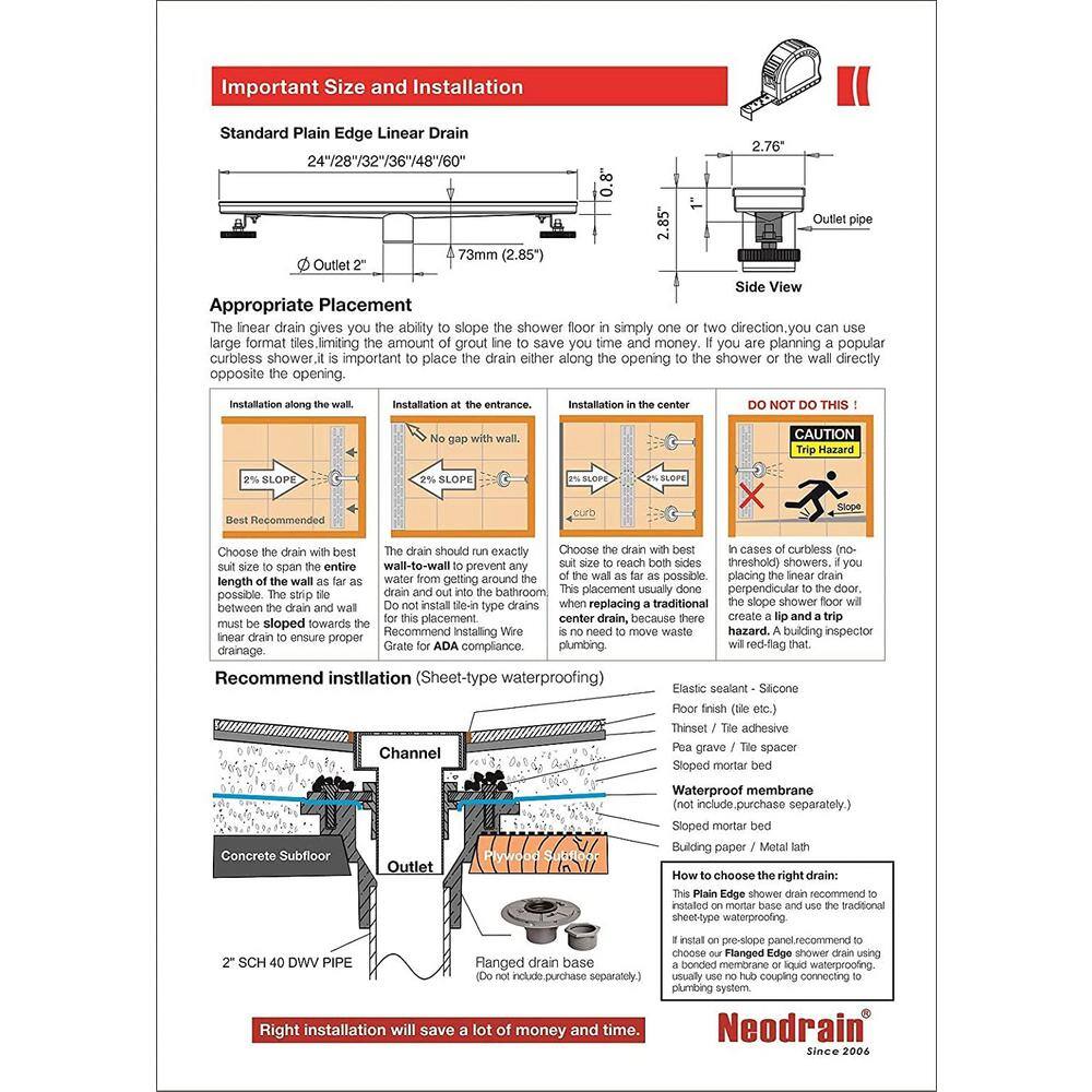 40-Inch Stainless Steel Linear Shower Drain with Square Pattern Grate