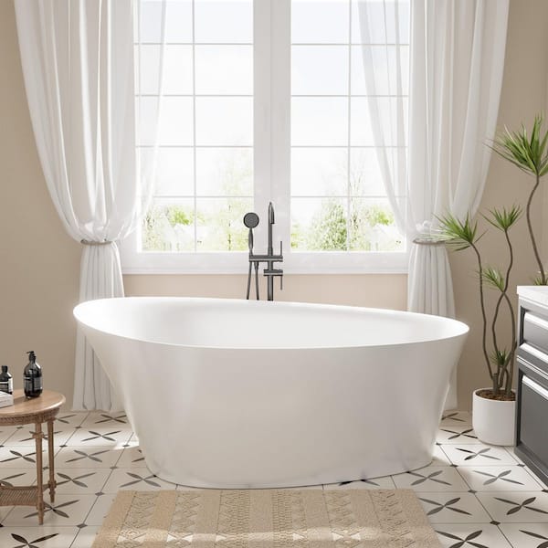 65 in. x 37 in. Solid Surface Stone Resin Freestanding Soaking Bathtub with Center Drain, Drainer, Hose in Matte White