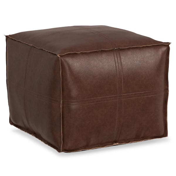 Brody Boho Square Pouf in Distressed Dark Brown Faux Leather
