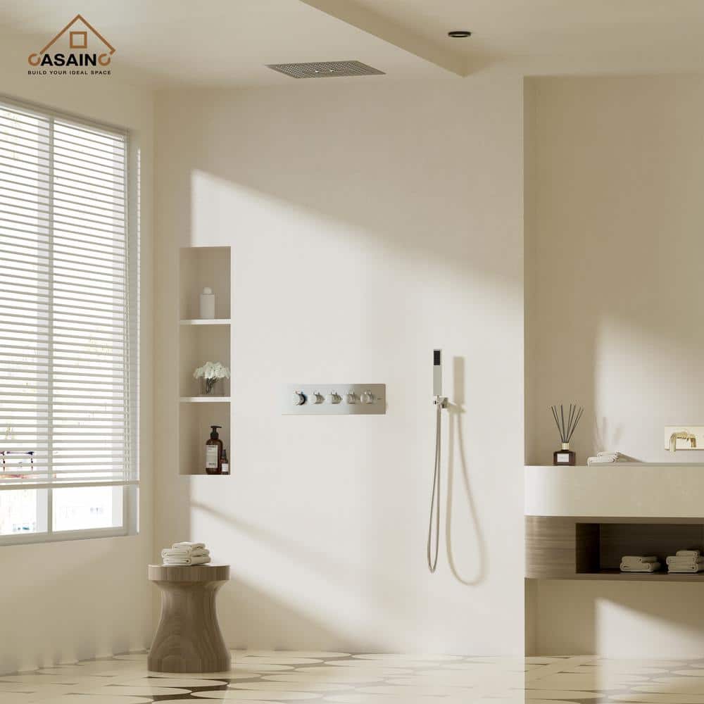 Brushed Nickel Dual Head LED Ceiling Mounted Rain Shower System