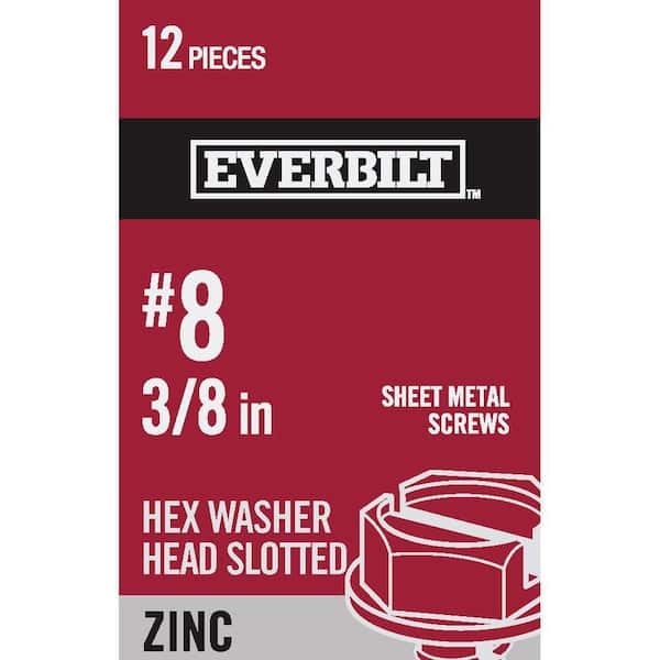 Everbilt #8 x 3/8 in. Slotted Hex Head Zinc Plated Sheet Metal Screw (12-Pack)