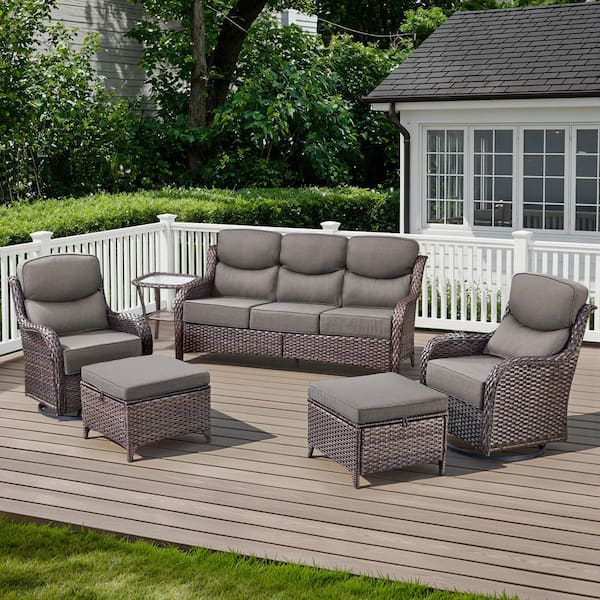 Arcadia Brown 6-Piece Wicker Patio Conversation Set with Coffee Table and 6 in. Thick Olefin Gray Cushions