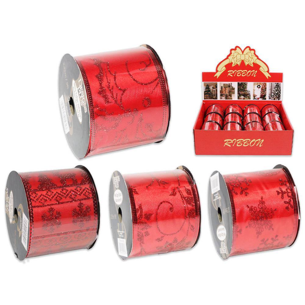 2.5 in. x 9 ft. 4 Assorted Red Wire Edge Christmas Ribbon (24-Pack)