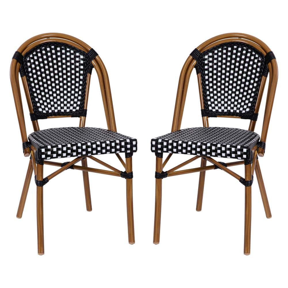 Black and White PE Rattan Armless Bistro Chairs with Bamboo Print Frame, Set of 2