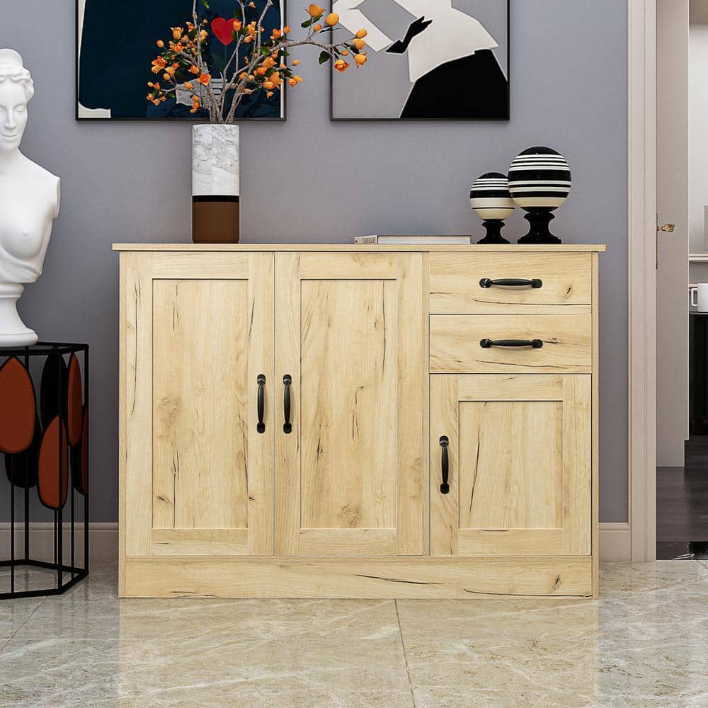 43 in. L Oak Rectangle Solid Wood Console Table with 2 Cabinet and 2 Drawers, Buffet Sideboard Storage Cabinet