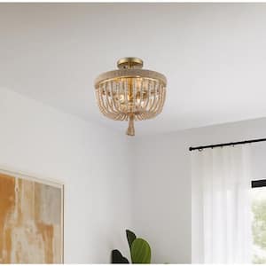 Taylan 14 in. 2-Light Antique Gold Semi Flush Mount Ceiling Light Fixture with Jute Rope and Wood Beaded Shade