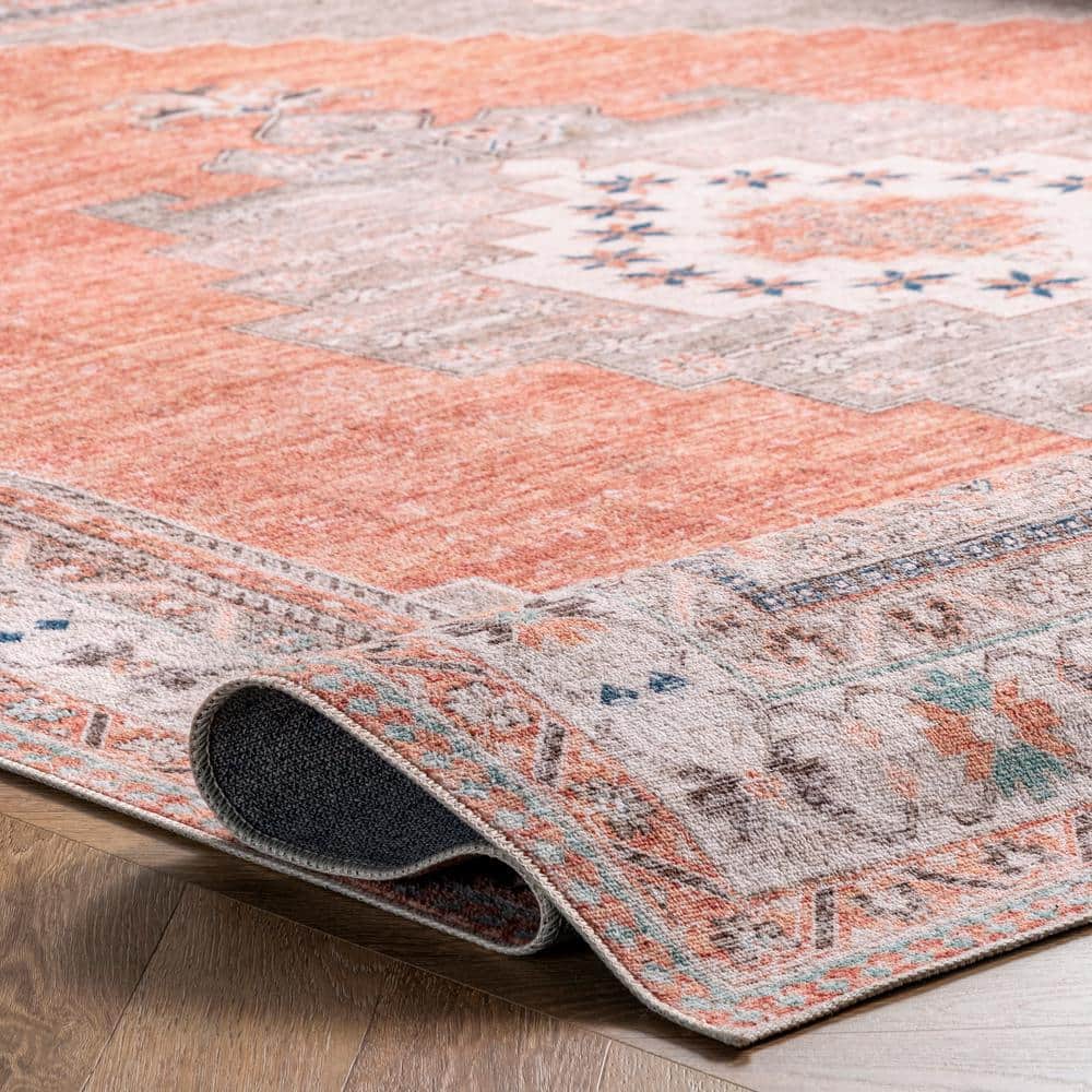 Alicia Gray and Rust Synthetic Medallion Washable 4' x 6' Area Rug