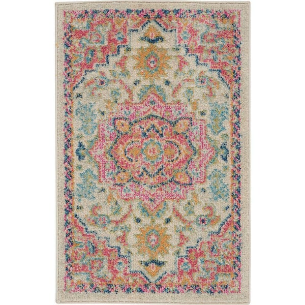 Nourison Passion Ivory/Pink doormat 2 ft. x 3 ft. Persian Modern Transitional Kitchen Area Rug