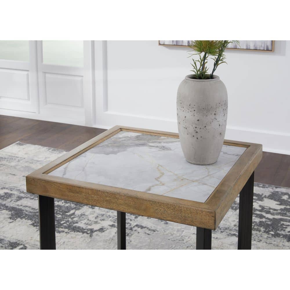 Beige and Black Square Wood and Stone End Table