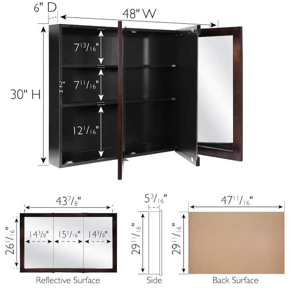 Ventura 48 in. x 30 in. x 6 in. Surface-Mount Tri-View Bathroom Medicine Cabinet in Espresso