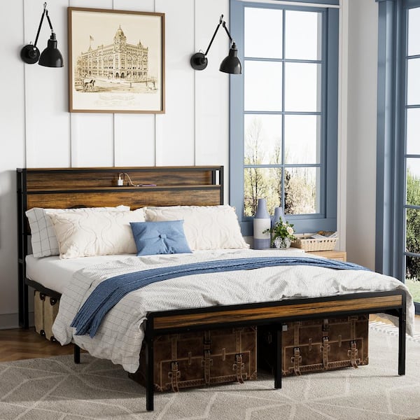 Noble House Randis Antique Brown Iron Frame Full Size Platform Bed with Headboard and Footboard
