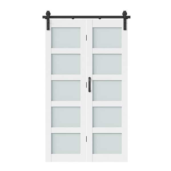 48 in. x 84 in. 5 Lite Frosted Glass Solid Core Wood White PVC Bi-fold Door with Hardware