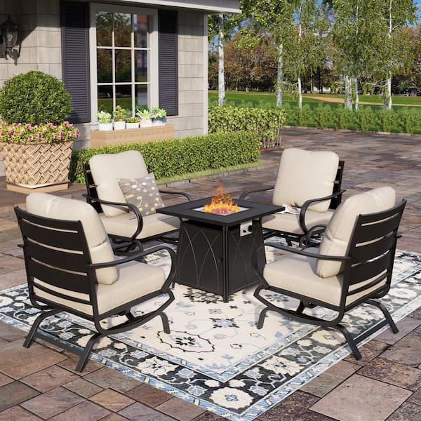 PHI VILLA Black Metal 4-Seat 5-Piece Steel Outdoor Fire Pit Patio Set with Beige Cushions, Motion Chairs and Square Fire Pit Table