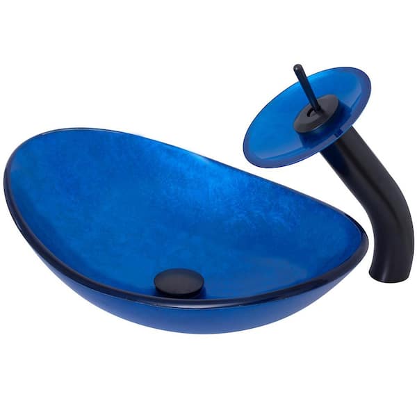 Novatto Azzurro Blue Hand-Foiled Glass Slipper Vessel Sink with Faucet and Drain in Oil Rubbed Bronze