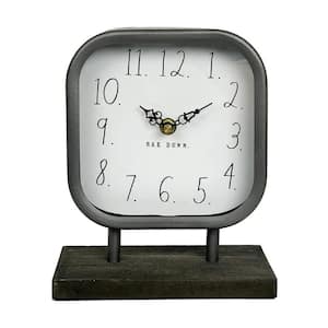 Desk Clock - Battery Operated Modern Metal Rustic Design with Wooden Base for Bedroom, Office and Kitchen