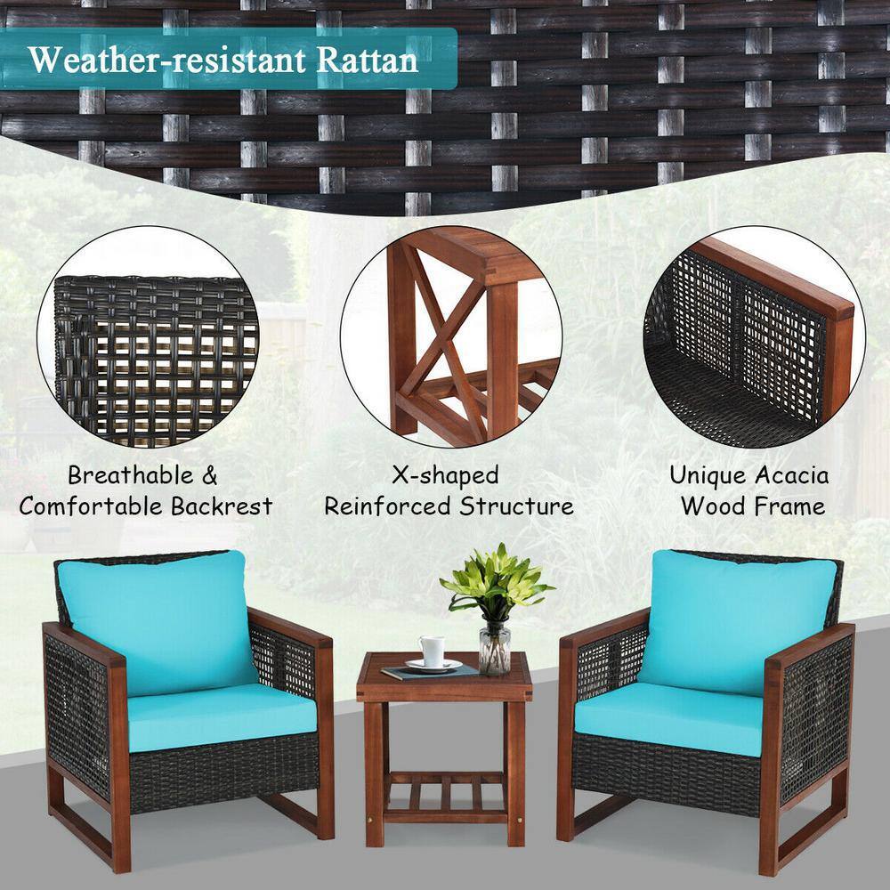 Turquoise Cushioned Armchair Set with Wooden Frame and Table