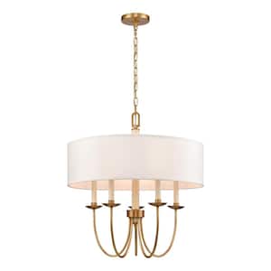 Ninebark 23 in. Wide 5-Light Natural Brass Chandelier with Fabric Shade