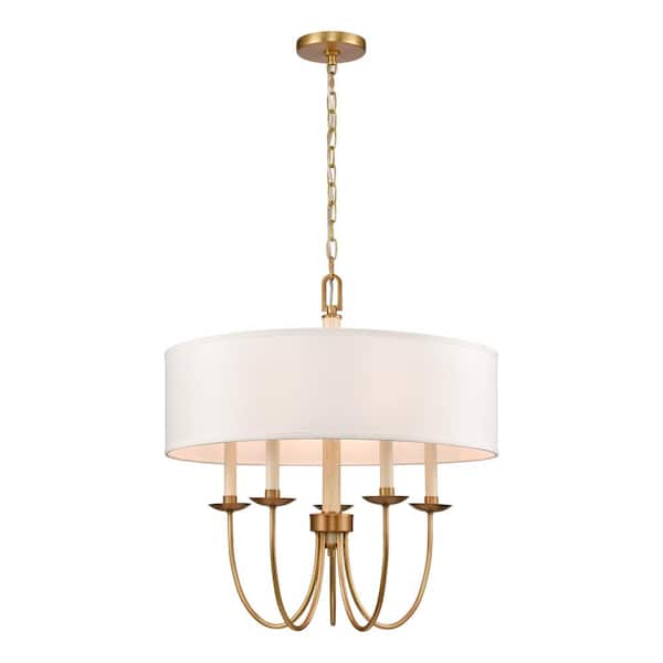 Titan Lighting Ninebark 23 in. Wide 5-Light Natural Brass Chandelier with Fabric Shade